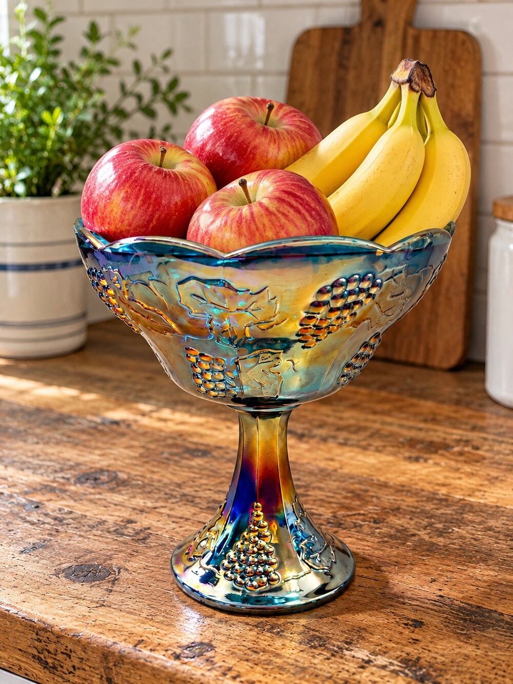 Indiana Carnival Glass Blue Harvest Grape Pedestal Compote Dish Vintage 1960’s